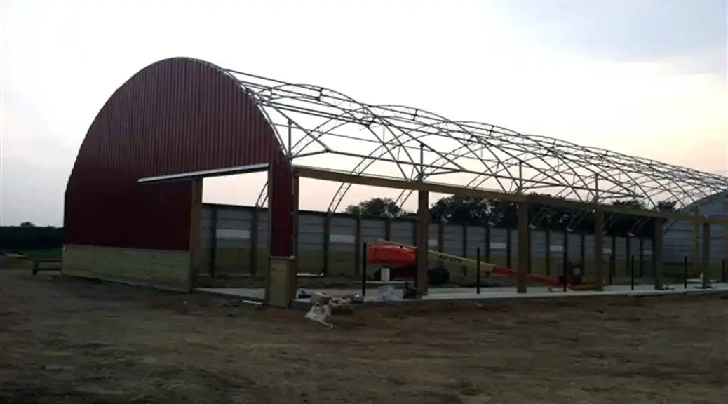 50 wide double pipe truss building being built