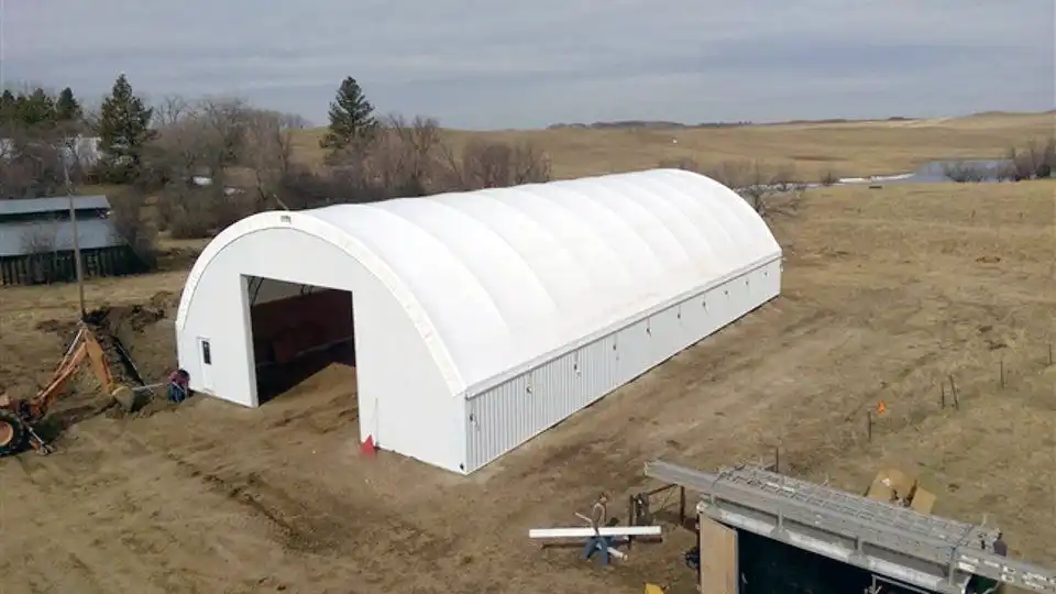 Arial view of an 80 foot wide hoop building