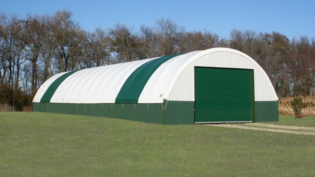 Green and white hoop barn