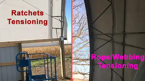 Two different options of end to end tensioning for a hoop barn cover