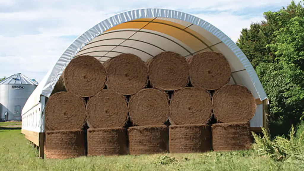 Round hay bales in a single pipe hoop barn